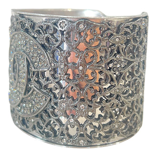 Chanel Silver-Tone Crystal CC Filigree Wide Cuff Bracelet