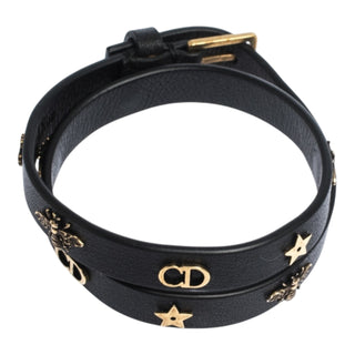 Christian Dior Black Leather “Mystical Motif” Double Wrap Bracelet with Gold Charms