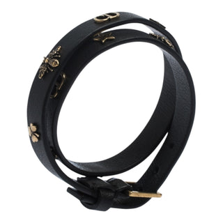 Christian Dior Black Leather “Mystical Motif” Double Wrap Bracelet with Gold Charms