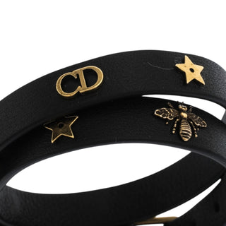 Christian Dior Black Leather “Mystical Motif” Double Wrap Bracelet with Gold Charms