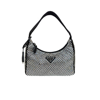 Prada Black Re-Edition 2000 Crystal Embellished Satin Mini Hobo Bag