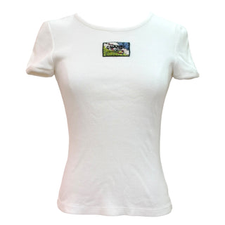 Chanel White Cotton Ribbed T-Shirt with Sequin Logo Patch