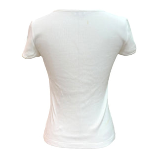 Chanel White Cotton Ribbed T-Shirt with Sequin Logo Patch