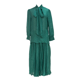 Gucci Emerald Green GG Monogram Silk Pussybow Blouse & Pleated Skirt Set