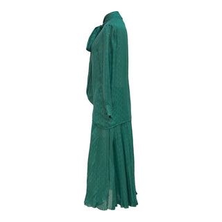Gucci Emerald Green GG Monogram Silk Pussybow Blouse & Pleated Skirt Set