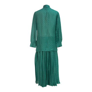 Gucci Emerald Green GG Monogram Silk Pussybow Blouse & Pleated Skirt Set