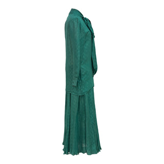 Gucci Emerald Green GG Monogram Silk Pussybow Blouse & Pleated Skirt Set