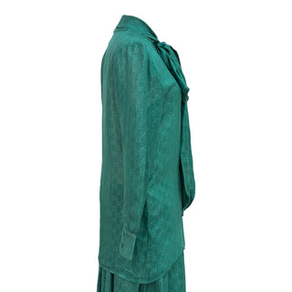 Gucci Emerald Green GG Monogram Silk Pussybow Blouse & Pleated Skirt Set