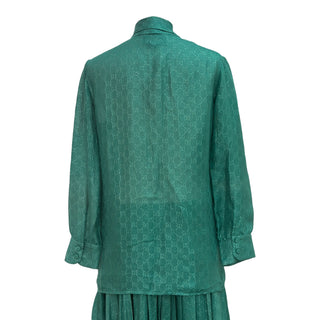 Gucci Emerald Green GG Monogram Silk Pussybow Blouse & Pleated Skirt Set
