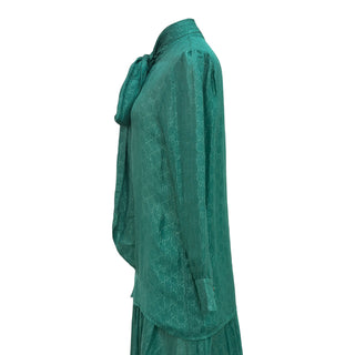 Gucci Emerald Green GG Monogram Silk Pussybow Blouse & Pleated Skirt Set