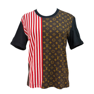 Louis Vuitton Brown Monogram & Red Stripe Patchwork T-Shirt