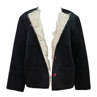 Chanel Black Silk CC Button Jacket with Faux Fur Inside