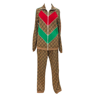 Gucci GG Monogram Chevron Panel Tracksuit Set in Beige with Red & Green