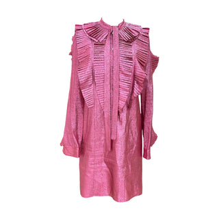 Gucci Pink Metallic Ruffle-Trim Cold-Shoulder Mini Dress
