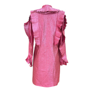 Gucci Pink Metallic Ruffle-Trim Cold-Shoulder Mini Dress