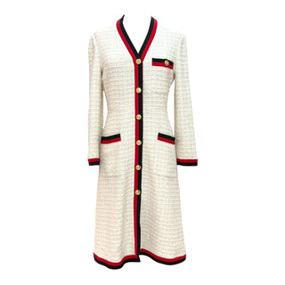 Gucci Cream Tweed Midi Dress with Web Ribbon Trim & Gold Buttons