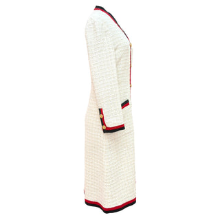 Gucci Cream Tweed Midi Dress with Web Ribbon Trim & Gold Buttons