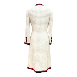 Gucci Cream Tweed Midi Dress with Web Ribbon Trim & Gold Buttons