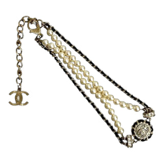 Chanel Gold CC Faux Pearl & Rhinestone Medallion Chain Necklace