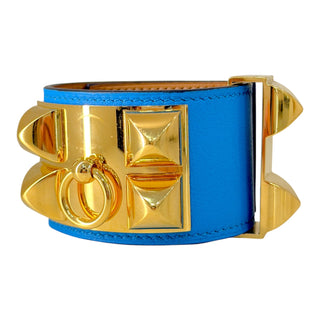 Hermès Collier de Chien (CDC) Blue Leather Cuff Bracelet Gold Hardware