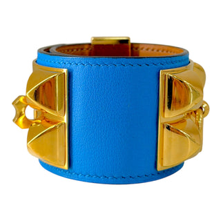 Hermès Collier de Chien (CDC) Blue Leather Cuff Bracelet Gold Hardware