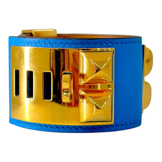 Hermès Collier de Chien (CDC) Blue Leather Cuff Bracelet Gold Hardware