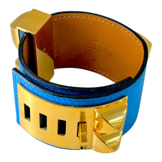 Hermès Collier de Chien (CDC) Blue Leather Cuff Bracelet Gold Hardware