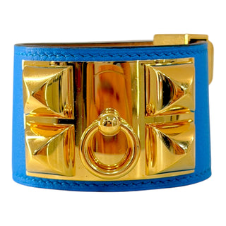Hermès Collier de Chien (CDC) Blue Leather Cuff Bracelet Gold Hardware
