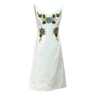 Dolce & Gabbana White Brocade Embellished Dress & Cropped Jacket Set
