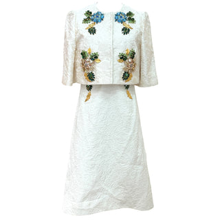 Dolce & Gabbana White Brocade Embellished Dress & Cropped Jacket Set