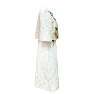 Dolce & Gabbana White Brocade Embellished Dress & Cropped Jacket Set