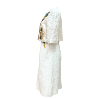 Dolce & Gabbana White Brocade Embellished Dress & Cropped Jacket Set