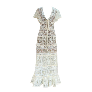 Elie Saab Ivory Lace Panelled Maxi Dress with Tie Front