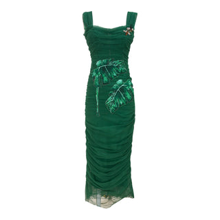Dolce & Gabbana Green Ruched Silk Dress with Beaded Leaf Embellishment