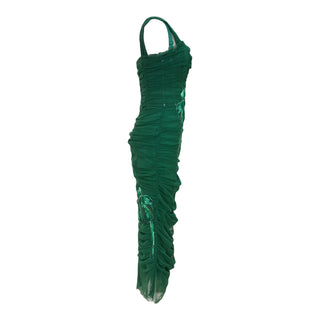 Dolce & Gabbana Green Ruched Silk Dress with Beaded Leaf Embellishment