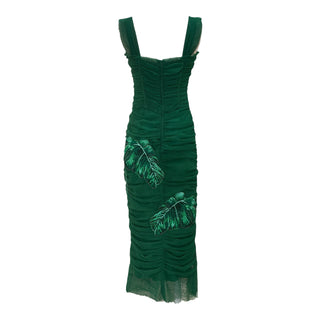 Dolce & Gabbana Green Ruched Silk Dress with Beaded Leaf Embellishment