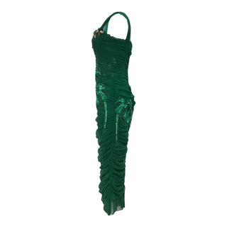 Dolce & Gabbana Green Ruched Silk Dress with Beaded Leaf Embellishment