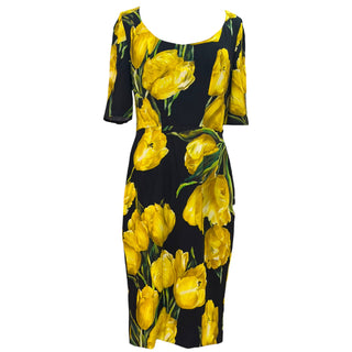 Dolce & Gabbana Yellow Tulip Print Stretch Silk Sheath Dress