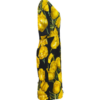 Dolce & Gabbana Yellow Tulip Print Stretch Silk Sheath Dress