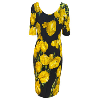 Dolce & Gabbana Yellow Tulip Print Stretch Silk Sheath Dress