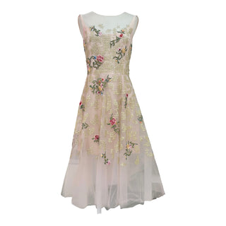 Oscar de la Renta Nude Embroidered Tulle Floral Midi Dress