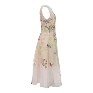 Oscar de la Renta Nude Embroidered Tulle Floral Midi Dress