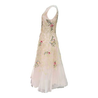 Oscar de la Renta Nude Embroidered Tulle Floral Midi Dress