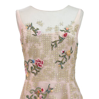 Oscar de la Renta Nude Embroidered Tulle Floral Midi Dress