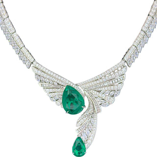 Lab-Grown Emerald & Diamond Statement Necklace with Wing Motif