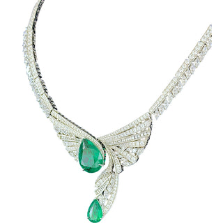 Lab-Grown Emerald & Diamond Statement Necklace with Wing Motif