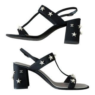 Chanel Black Star & Pearl Embellished T-Bar Sandals