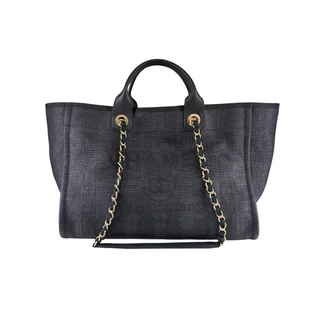Chanel Dark Navy Raffia Medium Deauville Chain Tote Bag