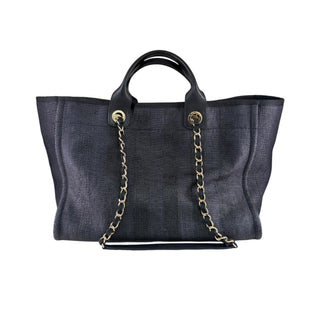 Chanel Dark Navy Raffia Medium Deauville Chain Tote Bag