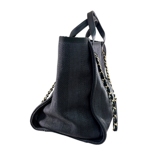 Chanel Dark Navy Raffia Medium Deauville Chain Tote Bag